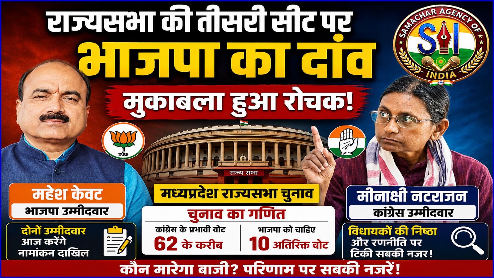 मध्यप्रदेश राज्यसभा चुनाव: तीसरी सीट पर भाजपा का बड़ा दांव, मीनाक्षी नटराजन बनाम महेश केवट मुकाबले ने बढ़ाई सियासी हलचल